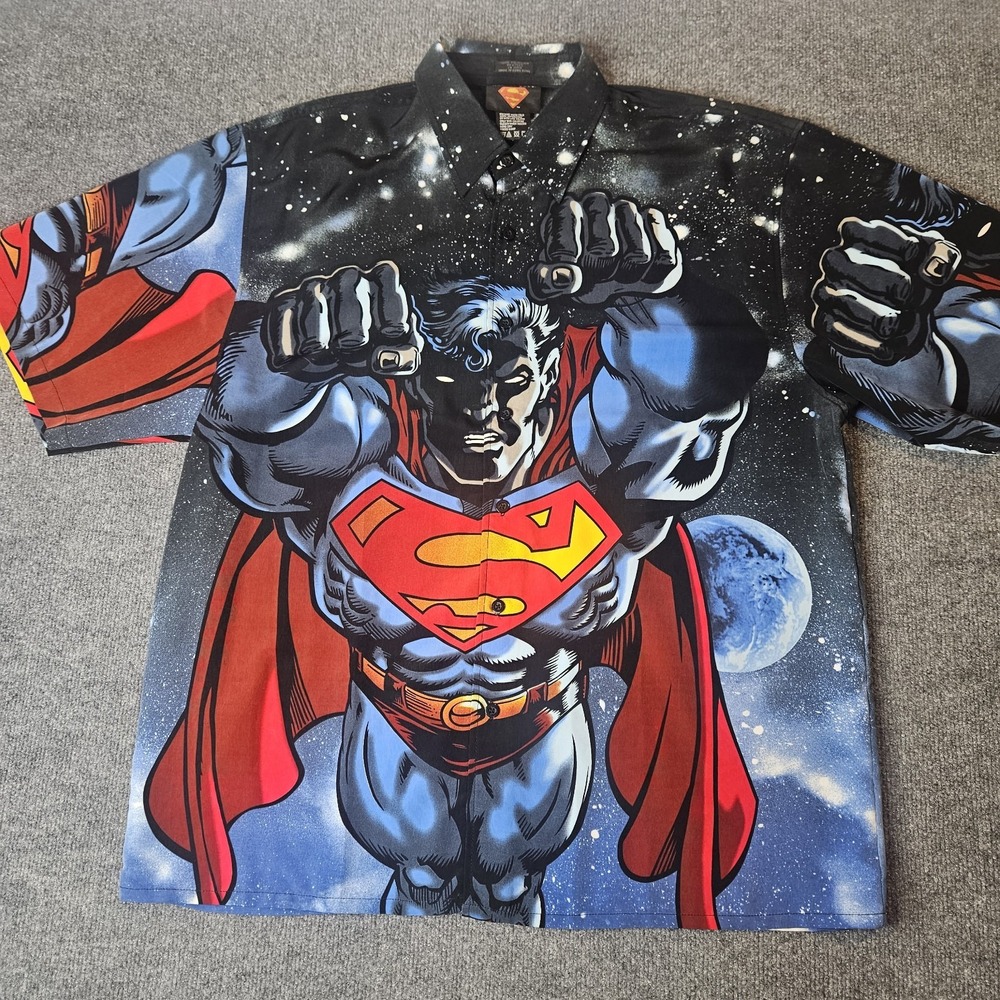 Vintage 2001 Warner Bros Superman All Over Print Button Up Shirt Size 2XL Comic